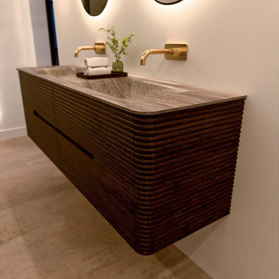 Mondiaz CIRO-DLUX Badkamermeubelset - 160x45x50cm - Solid surface wastafel Oza - 2 wasbak Dubbel - zonder kraangaten - 4 lades - Walnut