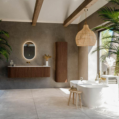 MONDIAZ KURVE-DLUX Meuble de salle de bains 160cm avec module 25 Len R couleur Walnut avec 1 tiroir et 2 portes. Lavabo BIG MEDIUM centré sans trou de robinet couleur Glace.
