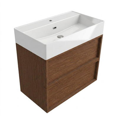 Saniclass Holz Frame Ensemble meuble de salle de bains - 80x45x72cm - lavabo Legend en céramique blanc - 1 vasque - 1 trou de robinetterie - 2 tiroirs - mat walnut pure (bois)