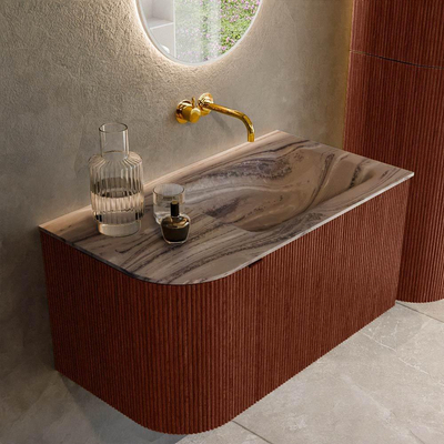 MONDIAZ KURVE-DLUX Meuble de salle de bains 85cm arrondi à gauche couleur Ruby avec 1 tiroir et 1 porte. Lavabo CLOUD à droite sans trou de robinet Sombra.