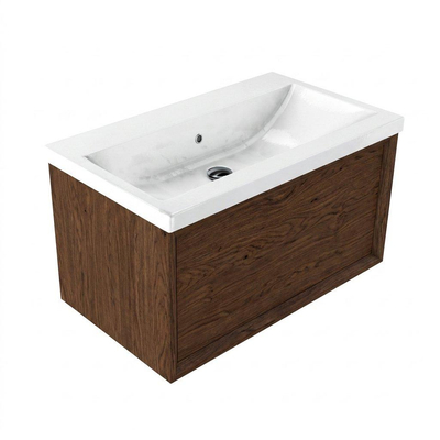 Saniclass Holz Frame Ensemble de meubles de salle de bains - 80x45x43.5cm - lavabo en céramique Bari blanc - 1 vasque - sans trou de robinet - 1 tiroir - walnut pure mat (bois)