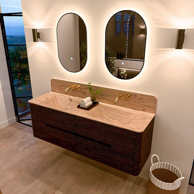 Mondiaz CIRO-DLUX Meuble de salle de bains - 150x45x50cm - plan vasque solid surface Arena - 2 vasques double - sans trous de robinetterie - 4 tiroirs - Noyer