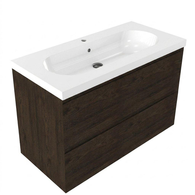 Saniclass Holz Pure Ensemble de meubles de salle de bains - 100x45x63.5cm - Lavabo en céramique Palermo blanc - 1 vasque - 1 trou de robinet - 2 tiroirs - chêne charcoal mat (bois)