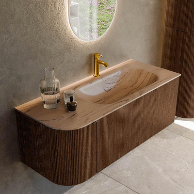 MONDIAZ KURVE-DLUX 115cm badmeubel ronding Links kleur Walnut met 1 lade en 1 deur. Wastafel BIG SMALL Rechts 1 kraangat Arena.