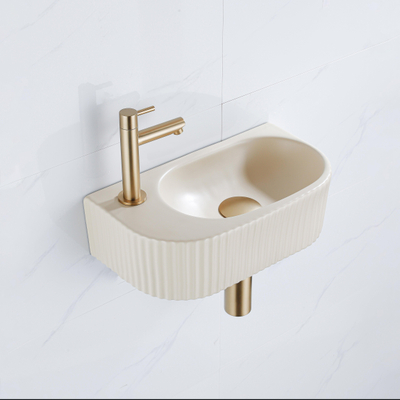 QeramiQ Fuente Ensemble de Lavabo - 40x21.5x12cm - gauche - strié - demi-rond - 1 trou de robinet - céramique - robinet de lavabo en laiton brossé - bouchon de vidange - siphon abaissé - beige