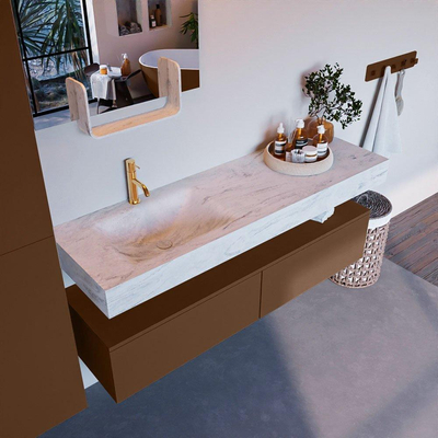 Mondiaz ALAN-DLUX Ensemble de meuble - 150cm - meuble Rust mat - 2 tiroirs - Lavabo Cloud Opalo suspendu - vasque Gauche - 1 trou de robinet