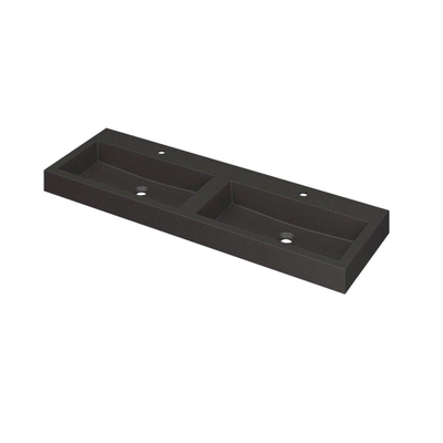 INK Momento wastafel - 140x45x9cm - 2 wasbakken - 2 kraangaten - Quartz zwart met 2x Wastafelonderkast - 70x45x52cm - 2 lades - greeploos - met houten keerlijst - MFC - oergrijs + 2x clickplug quartz zwart SHOWROOMMODEL