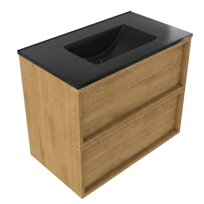 Saniclass Holz Frame Ensemble de meubles de salle de bains - 80x45x62cm - Vygo lavabo en céramique noir - 1 vasque - sans trou de robinet - 2 tiroirs - chêne natural mat (bois)