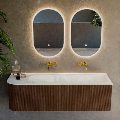 MONDIAZ KURVE-DLUX meuble de salle de bains 145 cm avec module 25 L couleur Walnut avec 1 tiroir et 1 porte. Lavabo BIG LARGE à droite sans trou de robinet couleur Opalo.