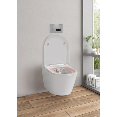 QeramiQ Luma Ensemble WC-douche - réservoir encastré Geberit UP320 - avec châssis Burda - séchoir - douchette féminine - plaque de commande cuivre - boutons ronds - blanc brillant