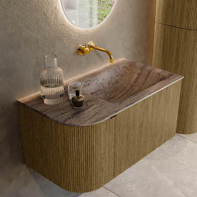 MONDIAZ KURVE-DLUX Meuble de salle de bains 85cm arrondi à gauche couleur Dusk avec 1 tiroir et 1 porte. Lavabo CLOUD à droite sans trou de robinet Oza.