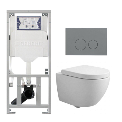 Pack WC QeramiQ Dely Swirl Compact - réservoir encastrable Geberit UP320 - avec bâti-support Burda - abattant 25 mm - plaque de commande en plastique gris clair - boutons ronds - blanc brillant