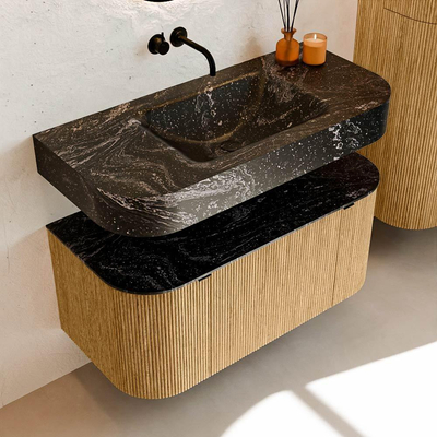 MONDIAZ THOR-DLUX 100cm badmeubel ronding links + rechts kleur Oak met 1 lade en 2 deuren. Vrijhangende wastafel CLOUD Midden zonder kraangat kleur Lava.