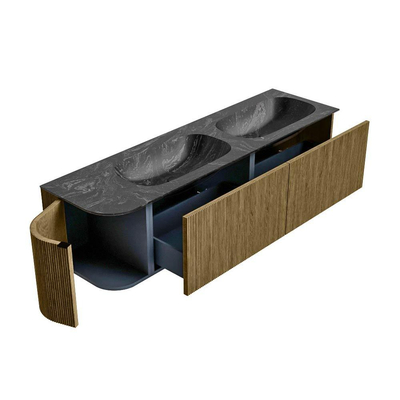 Mondiaz KURVE-DLUX Ensemble de meubles de salle de bains - 165x46x40cm - 2 tiroirs - 1 porte - vasque solid surface - double / droite - 2 trous de robinet - Dusk