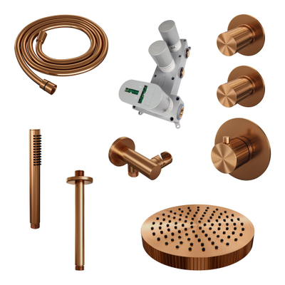BRAUER Stripe Thermostatische Inbouw Regendouche - SET 03 - 25cm douchekop - plafondarm - staaf handdouche - doucheslang - wandaansluitbocht - koper geborsteld PVD