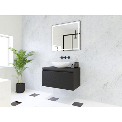 HR badmeubelen Matrix 3D Ensemble meuble de salle de bains 80cm 1 tiroir sans poignée avec bande de préhension en couleur Noir mat avec plan de toilette noir mat