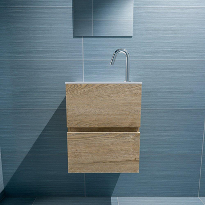 Mondiaz ADA Meuble lave-mains 40x30x50cm avec 1 trou pour robinet 2 tiroirs Washed oak mat Lavabo Lex Gauche Solid Surface Blanc