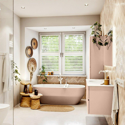 Mondiaz VICA ensemble de meuble de salle de bain - 110cm - meuble sous-vasque rosee - 2 tiroirs - lavabo moon gauche - 1 trou de robinet - version haute de 60cm - talc