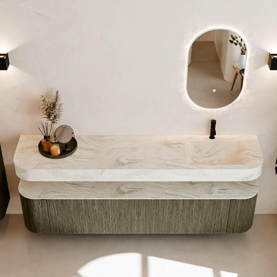 MONDIAZ THOR-DLUX Meuble de salle de bains - 200cm - arrondi gauche + droite - couleur Shadow - 2 tiroirs - 2 portes - Vasque suspendue CLOUD droite 1 trou de robinet couleur Ostra