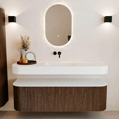 MONDIAZ THOR 150cm badmeubel ronding links + rechts kleur Walnut met 1 lade en 2 deuren. Vrijhangende wastafel CLOUD Midden zonder kraangat kleur Talc.