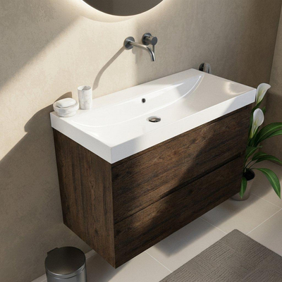 Saniclass Holz Pure Ensemble meuble de salle de bains - 100x45x67.5cm - lavabo Wave en céramique - 1 vasque - sans trou de robinetterie - 2 tiroirs - chêne charcoal mat (bois)