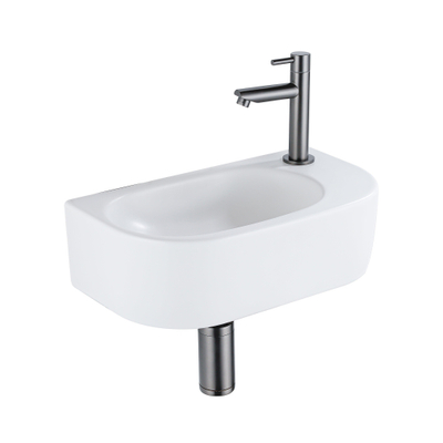 Fugaflow Efficiente Pietra Ensemble lave-mains - 40x21.5x12cm - droite - lisse - demi-ronde - 1 trou de robinet - céramique - robinet lave-mains gunmetal - bouchon de vidage - siphon abaissé - blanc mat