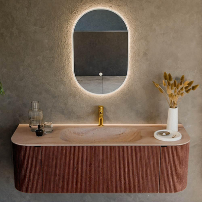 MONDIAZ KURVE-DLUX Meuble de salle de bains 140cm arrondi gauche + droite couleur Ruby avec 1 tiroir et 2 portes. Lavabo BIG SMALL Milieu 1 trou de robinet Saba.