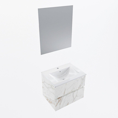 Mondiaz VICA ensemble de meuble de salle de bain - 60cm - meuble sous-vasque carrara - 2 tiroirs - lavabo denia milieu - 1 trou de robinet - couleur Blanc Brillant - miroir LED - version XL 60cm de haut