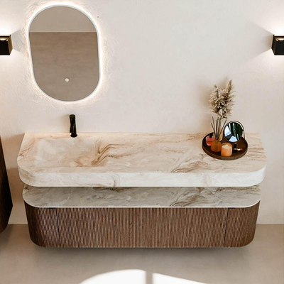 MONDIAZ THOR-DLUX 170cm badmeubel ronding links + rechts kleur Walnut met 1 lade en 2 deuren. Vrijhangende wastafel CLOUD Links 1 kraangat kleur Frappe.