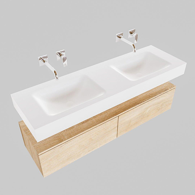 MONDIAZ ALAN 150cm - sous-meuble - chêne lavé - 2 tiroirs - lavabo suspendu - 2 vasques - 0 trous de robinet - talc