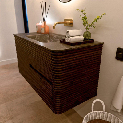 Mondiaz CIRO-DLUX Badkamermeubelset - 100x45x50cm - Solid surface wastafel Lava - 1 wasbak Midden - zonder kraangaten - 2 lades - Walnut