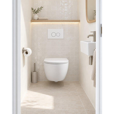 QeramiQ Dely Swirl Compact Toiletset - inbouwreservoir Geberit UP320 - met Burda frame - slim zitting - metalen bedieningsplaat mat wit - ronde knoppen - mat wit