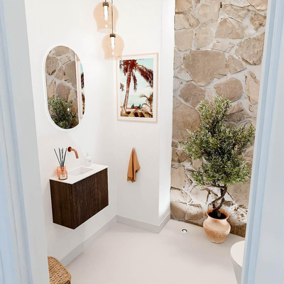 Mondiaz JOYA 50cm Meuble de salle de bains - couleur Walnut - Vasque FAYE position Milieu Sans trou de robinet couleur Talc