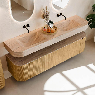 MONDIAZ THOR-DLUX 180cm meuble de salle de bains arrondi gauche + droite couleur Oak avec 2 tiroirs et 2 portes. Vasque suspendue CLOUD Double sans trou de robinet couleur Saba.