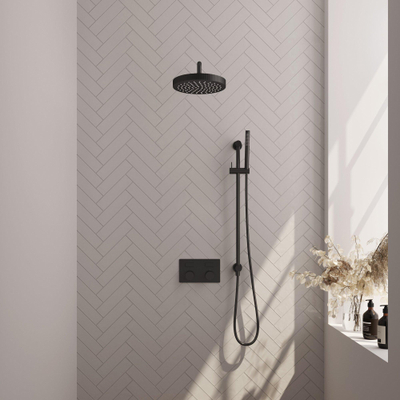 BRAUER Stripe Thermostatische Inbouw Regendouche - drukknoppen - SET 32 - 25cm douchekop - gebogen muurarm - staaf handdouche - doucheslang - geïntegreerde glijstang - mat zwart