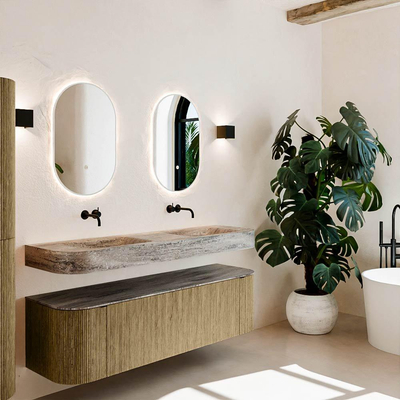 MONDIAZ THOR-DLUX 160cm meuble de salle de bains arrondi gauche + droite couleur Dusk avec 1 tiroir et 2 portes. Vasque suspendue CLOUD Double sans trou de robinet couleur Oza.