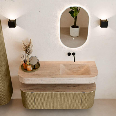 MONDIAZ THOR-DLUX 130cm meuble de salle de bains arrondi gauche + droite couleur Dusk avec 1 tiroir et 2 portes. Vasque suspendue CLOUD Droite sans trou de robinet couleur Saba.