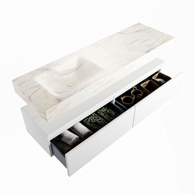 Mondiaz ALAN-DLUX Ensemble de meuble - 150cm - meuble Talc mat - 2 tiroirs - Lavabo Cloud Ostra suspendu - vasque Gauche - 0 trous de robinet