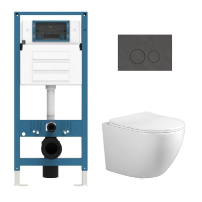 Adema Salina 2.0 Toiletset - 48.5x36x32cm - diepspoel - spoelrandloos - QeramiQ inbouwreservoir - softclose - quickrelease - toiletzitting - donker marmeren natuurstenen bedieningsplaat - ronde knoppen - wit