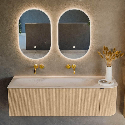 MONDIAZ KURVE-DLUX 145cm meuble de salle de bain courbure droite couleur chêne avec 1 tiroir et 1 porte. Vasque BIG LARGE gauche sans trou de robinet Meli.