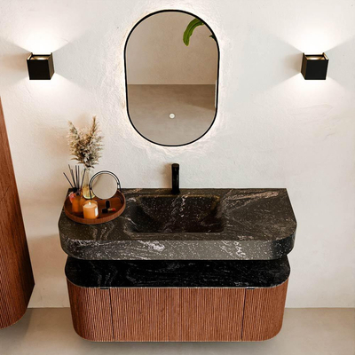 MONDIAZ THOR-DLUX Meuble de salle de bains - 120cm - arrondi gauche + droite - couleur Ruby - 1 tiroir - 2 portes - Vasque suspendue CLOUD Milieu 1 trou de robinet - couleur Lava