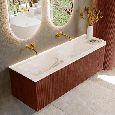 Mondiaz KURVE-DLUX Badkamermeubelset - 145x46x40cm - 1 lade - 1 deur - wastafel solid surface - dubbel / links - zonder kraangat - Ruby