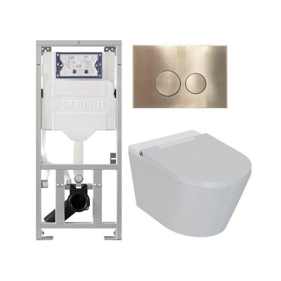 QeramiQ Luma Set WC douche - réservoir encastré Geberit UP320 - avec cadre Burda - sèche-cheveux - douchette féminine - plaque de commande en laiton brossé - boutons ronds - blanc brillant