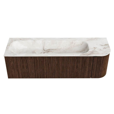 MONDIAZ KURVE-DLUX meuble de salle de bains 145 cm avec module 25 R couleur Walnut avec 1 tiroir et 1 porte. Lavabo BIG LARGE gauche sans trou de robinet couleur Frappe.