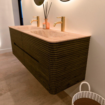 Mondiaz CIRO-DLUX Badkamermeubelset - 140x45x50cm - Solid surface wastafel Saba - 2 wasbak Dubbel - 2 kraangaten - 4 lades - Shadow