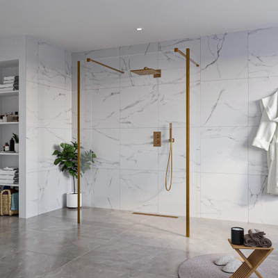 FugaFlow Eccelente Vetro Douche à l'italienne - 140x200cm - verre clair - anticalcaire - verre de sécurité 8mm - 2 parois latérales 30cm - avec bras muraux et profilés d'angle - Cuivre brossé