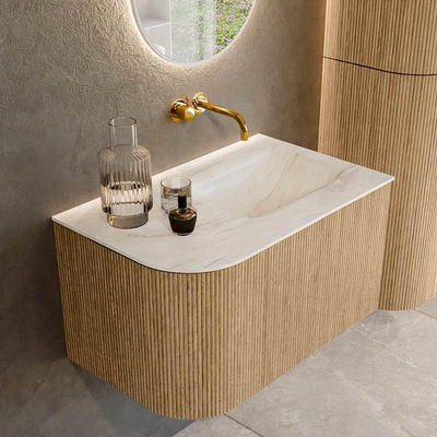 MONDIAZ KURVE-DLUX 75cm Meuble salle de bain avec module 25 G - couleur Oak - 1 tiroir - 1 porte - vasque GRUNNE droite - sans trou de robinet - couleur Ostra