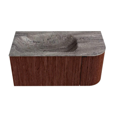 MONDIAZ KURVE-DLUX meuble de salle de bains 95cm courbure droite couleur Ruby avec 1 tiroir et 1 porte. Lavabo BIG SMALL gauche 1 trou de robinet Oza.