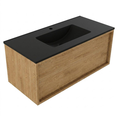 Saniclass Holz Frame Ensemble de meubles de salle de bains - 100x45x42cm - Vasque en céramique Vygo noire - 1 vasque - 1 trou de robinetterie - 1 tiroir - chêne natural mat (bois)