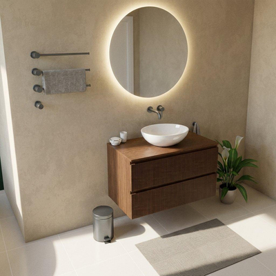 Saniclass Holz Atelier Ensemble meuble de salle de bains - 100x45x62cm - plan de travail en bois - sans trou de robinetterie - 2 tiroirs - walnut pure mat (bois)